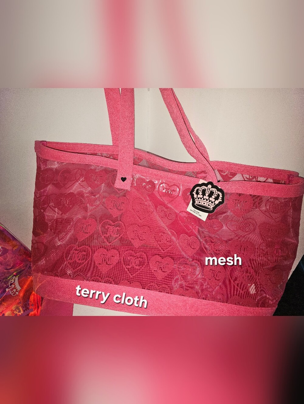 NWT! JUICY COUTURE "JC" Bright MeshPINK 💓 HUGE Beach Tote + Bathing Swim Bag!💕